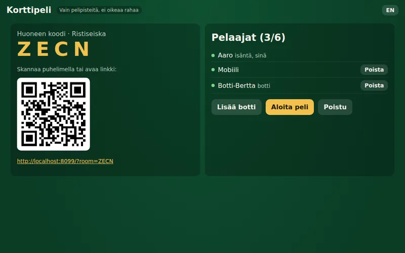 Korttipelin aula huonekoodin ja QR-koodin kanssa