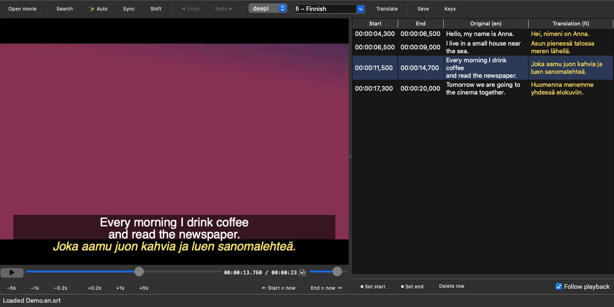 Subtitle Tool playing a video with English and Finnish subtitles, with the editable subtitle list on the right